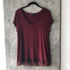Banana Republic Burgundy V-Neck Tee with Lace Hem